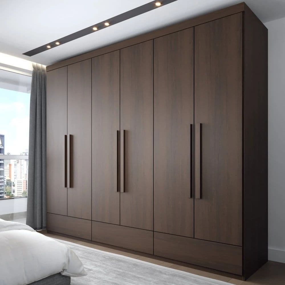 Six-door walnut wardrobe wall with drawers