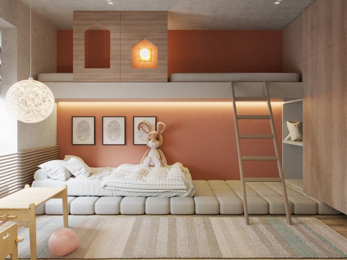 Play loft with a little house on top and a floor bed below