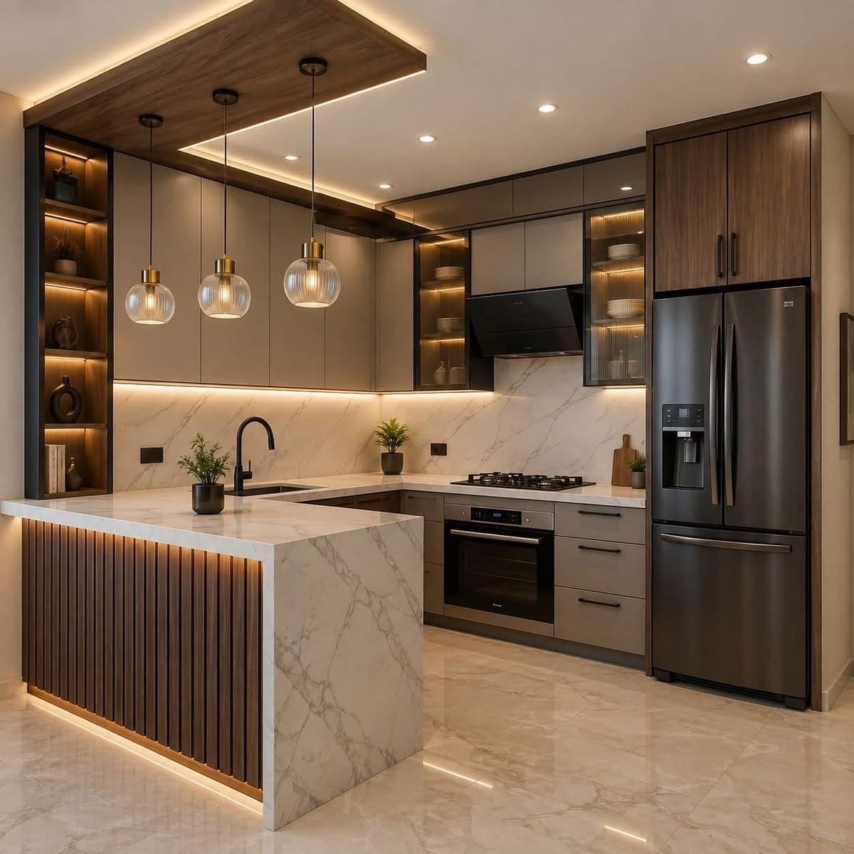 Kitchen with a marble peninsula, walnut panels and pendant lights