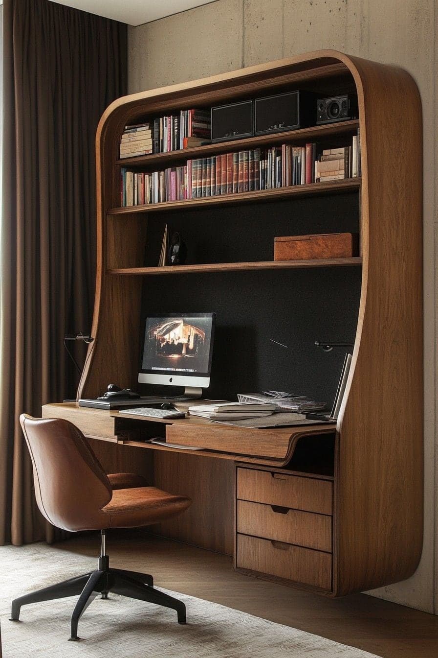 Walnut desk wrapped in a curved bookcase